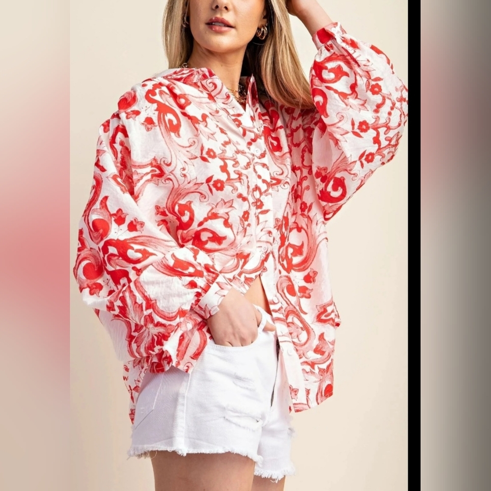 NWT GiGiO USA Vibrant Print Red Oversized Button Front Shirt Size Large - Picture 5 of 16